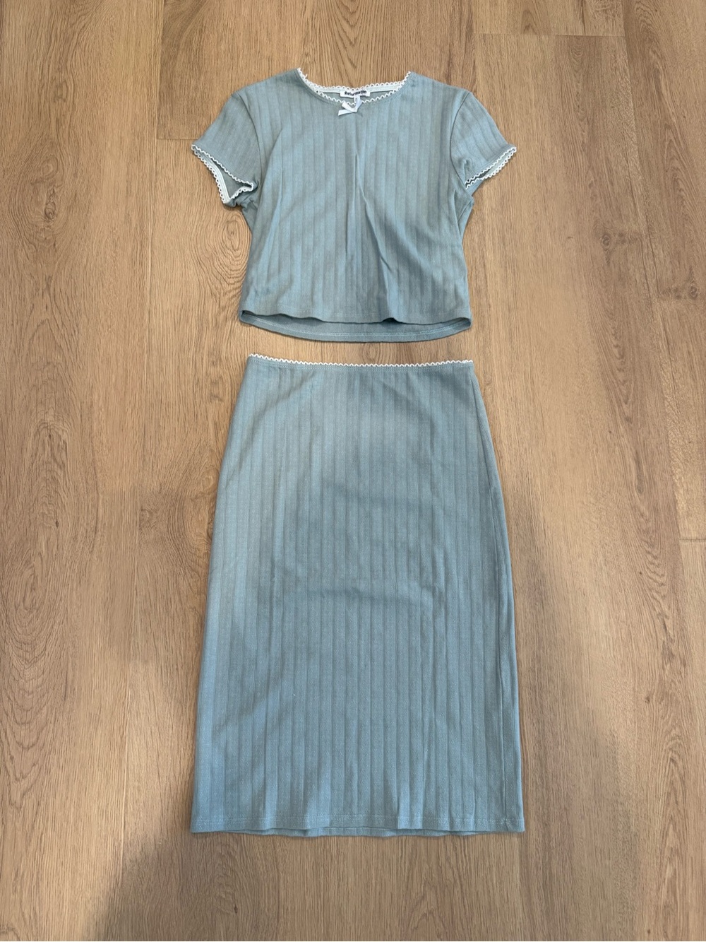 Reformation Pale Blue Ribbed Midi Skirt & Cropped Top Set